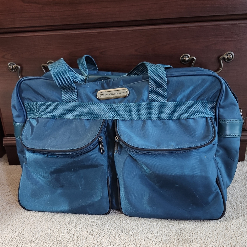 Vintage American Tourister Luggage Carry on Tote Bag Nylon & Canvas Green, Strap